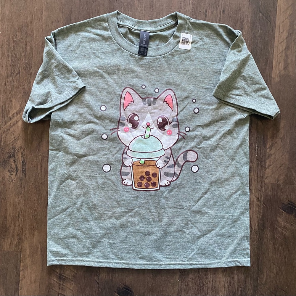 Girls Cat with Boba Tea T-shirt (kids size large) tee shirt dark heathered green